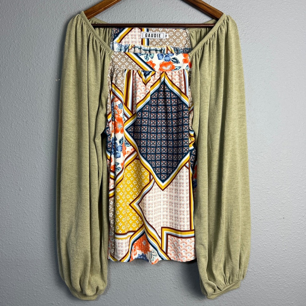 Gaudie Hippie Floral Mixed Media Patchwork Balloon SL Square Neck Olive Green M